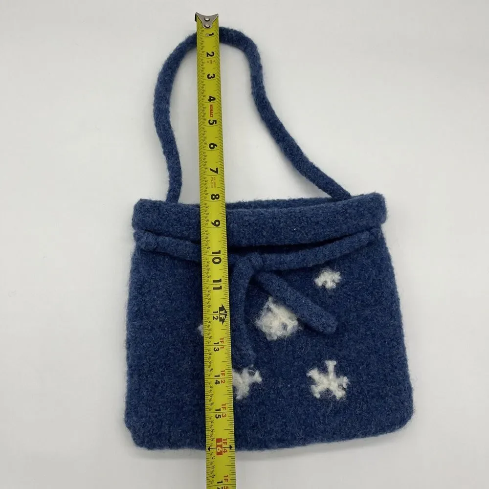 VTG Handmade Felted Wool Blue With‎ White Snowflakes Boho Bag Purse